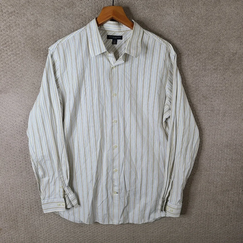 Banana Republic Shirt Men XXL Tall White Yellow Striped Fitted Button Up Cotton